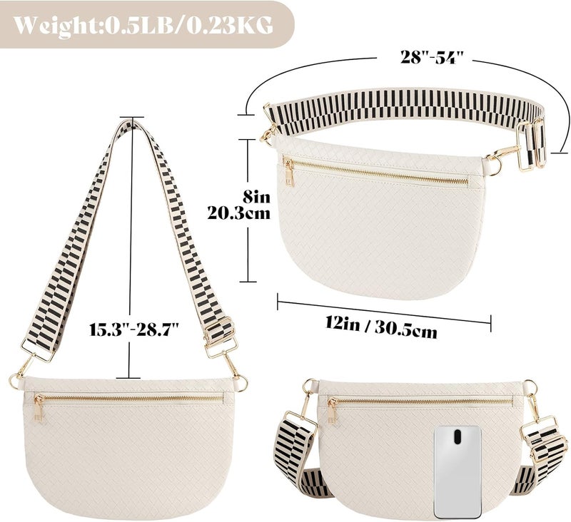 Dealkion Woven Crossbody Bags for Women Leather Belt Bum Sling Purse Fanny Waist Pack Chest Shoulder Bag for Women-Cream - Image 5